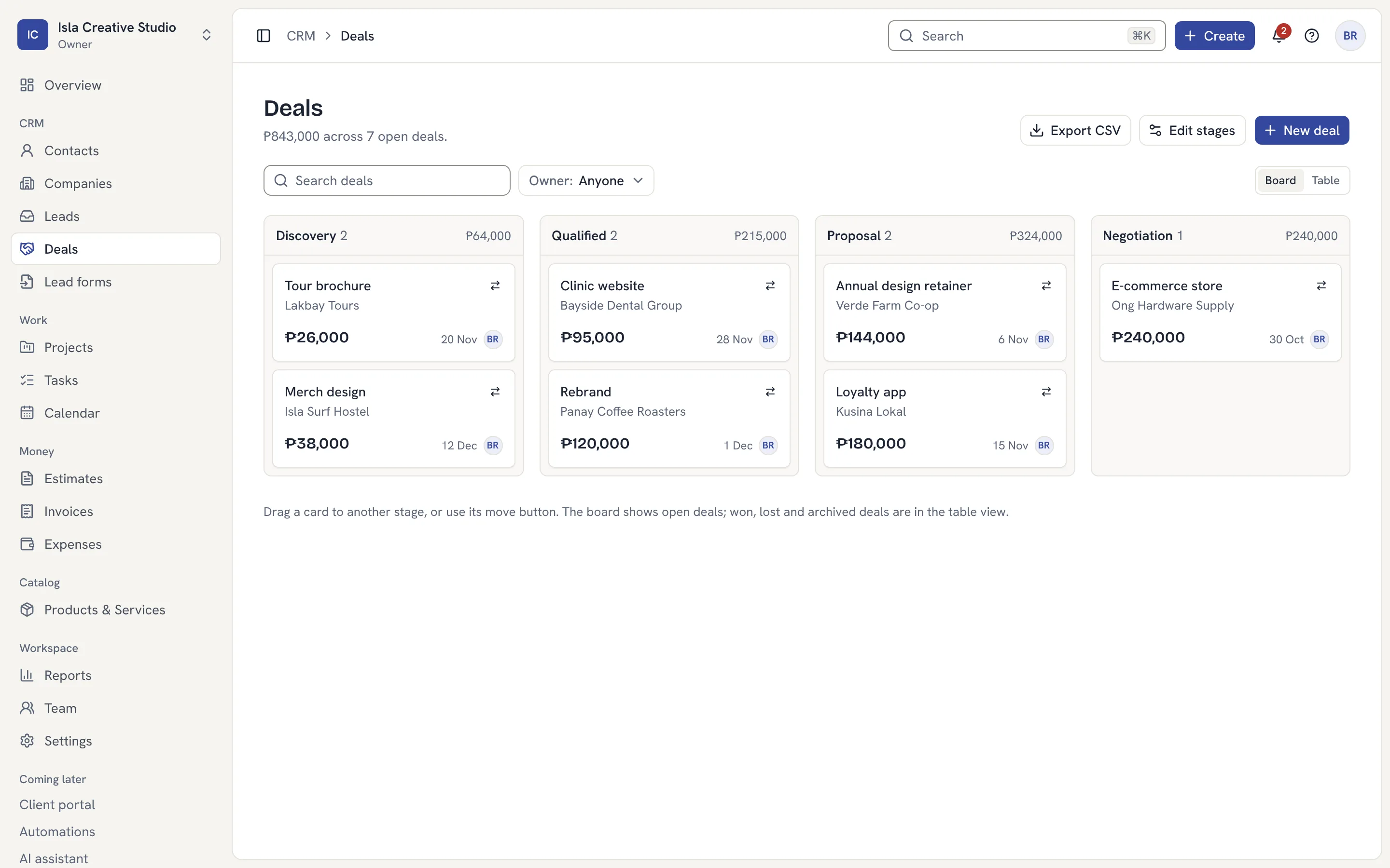 The deals pipeline board with cards in Discovery, Qualified, Proposal and Negotiation