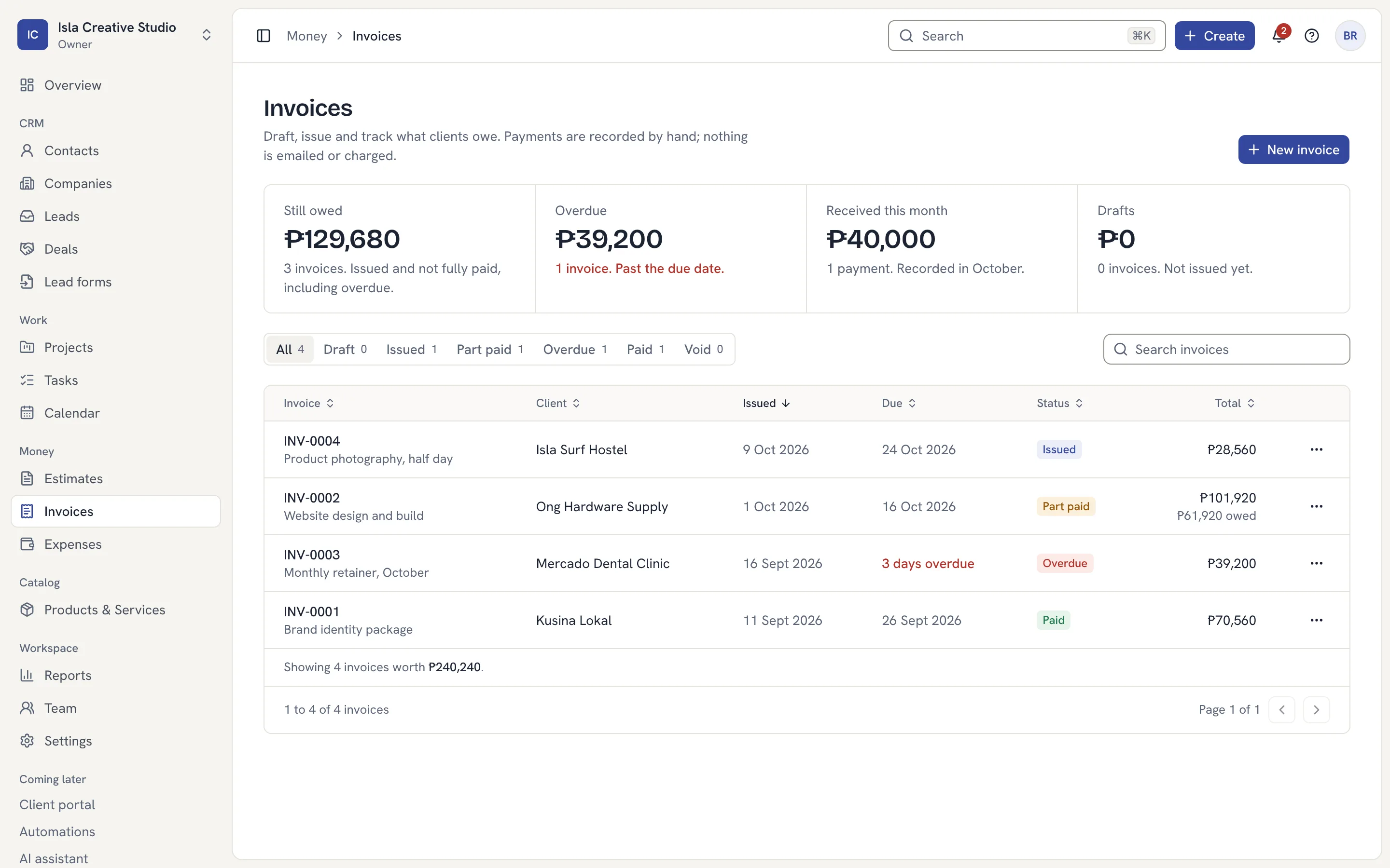 The invoices list showing issued, part paid, overdue and paid invoices