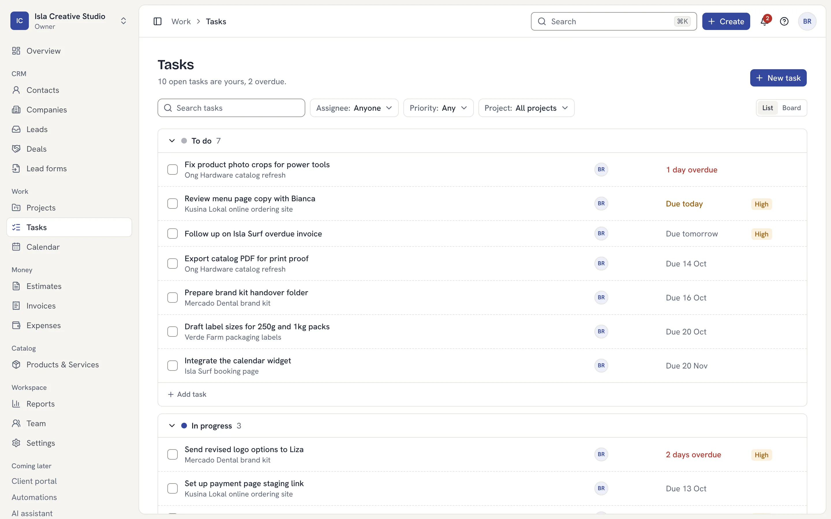 The tasks list grouped by status, with due dates, priorities and assignees